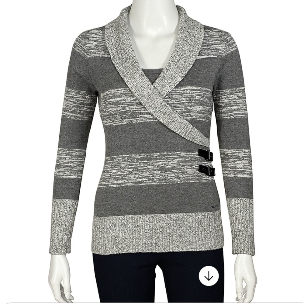 Guess Sweater Striped Shawl Collar Buckle Neutral Y2K Vintage Casual Gray Medium